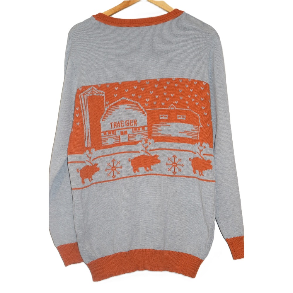 Traeger Ugly‎ Christmas Sweater Mens XL Farm Barn Pig Snowflake Knit Gray Orange